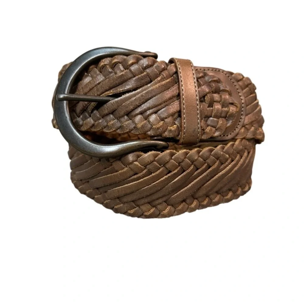 Linea Pelle Collection Brown Braided Leather Belt Handmade Bronze Buckle LP06010
